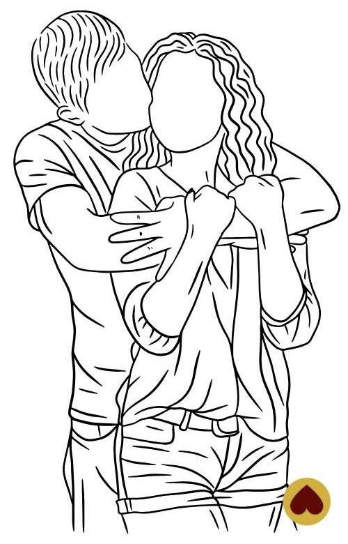 Dessin "line art" d'un couple homme femme anlacé et debout avec l'homme derrière la femme et qui ambrasse la femme sur la joue
