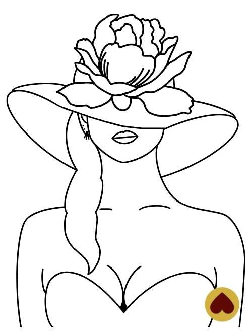 Dessin "line art" de jolie femme avec un chapeau à fleurs