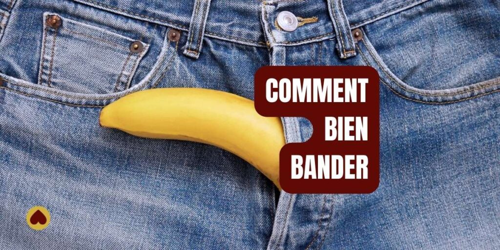 Gros plan sur un jean avec une banane à l'intérieur simulant une érection, avec le texte "COMMENT BIEN BANDER" en surimpression.