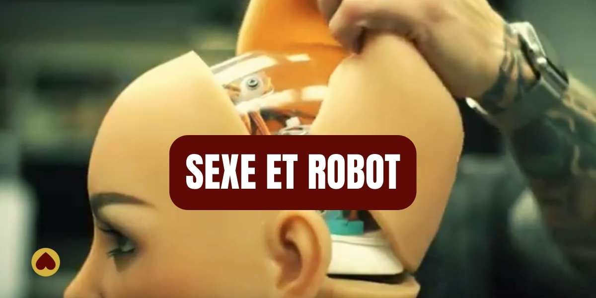 Gros plan sur une tête de robot humanoïde, avec le texte "SEXE ET ROBOT" en surimpression.